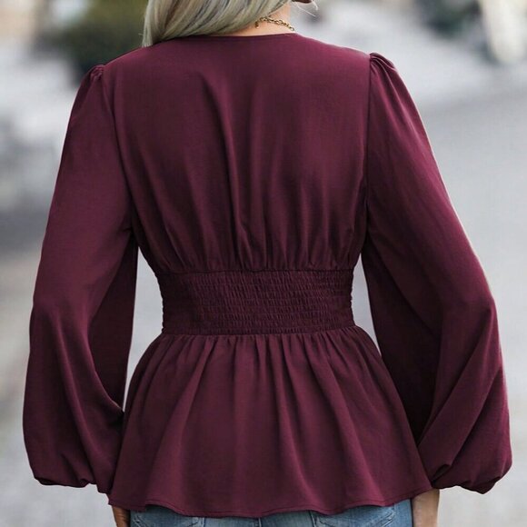 Burgundy Elegant Women's Pleated Lantern Sleeve Blouse - Picture 2 of 6